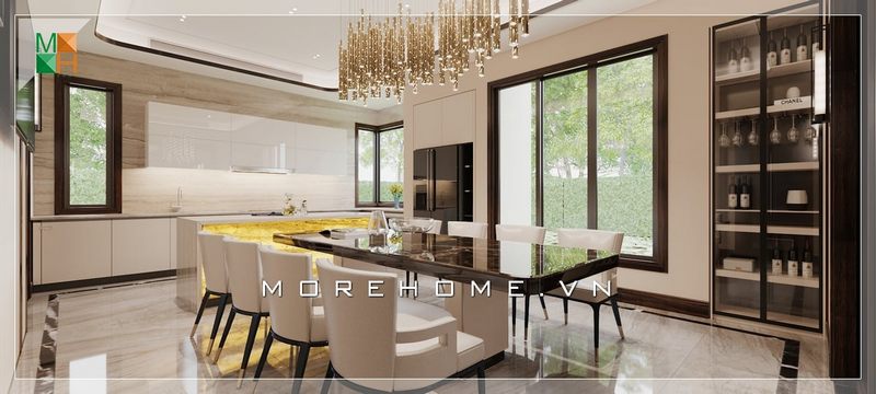 #18 ý tưởng thiết kế phòng ăn căn hộ chung cư liền bếp 3D ấn tượng 2022-2025